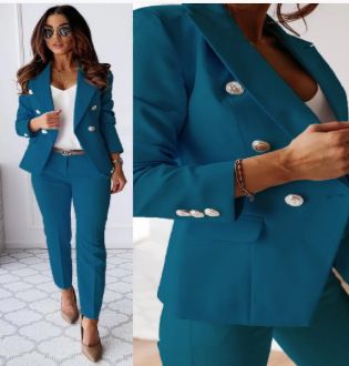 Conjunto de 2 piezas para mujer, moda de invierno y otoño, blazer de manga larga con cuello en V, abrigo, pantalón recto elegante, conjunto de ropa deportiva para mujer_voghion.com
