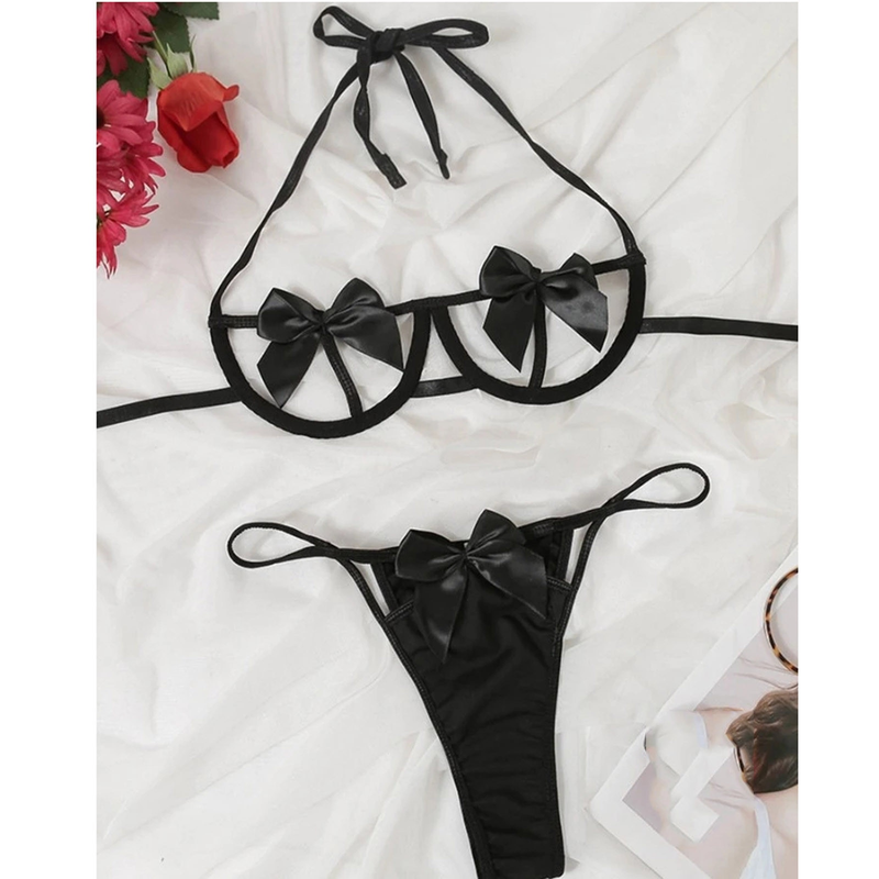 Conjunto de lencería sexy de encaje a la moda, sujetador, bragas, ropa interior femenina, ligas huecas sexys, tanga con lazo, conjunto de lencería, lencería_voghion.com