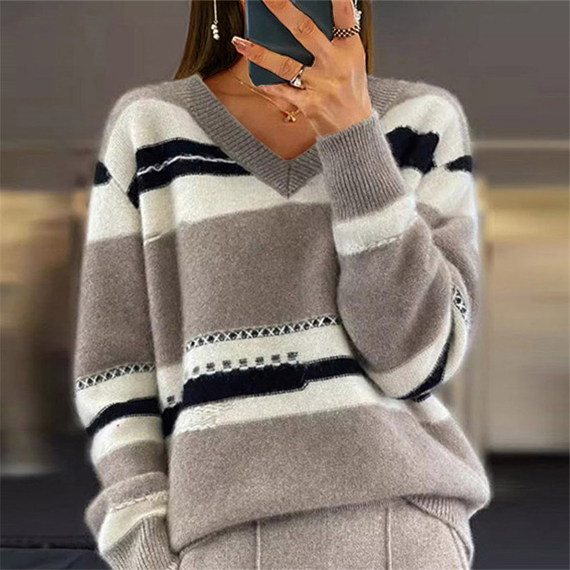 Vêtements pour femmes pull col en v pull hauts couleur bloc rayé pull ample femmes_voghion.com