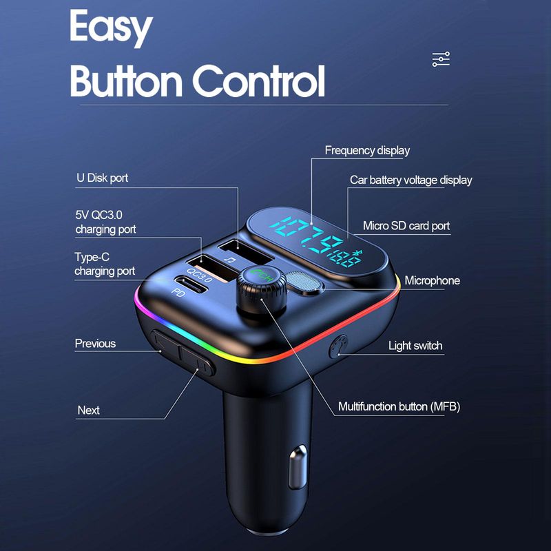Car Fast Bluetooth 5.0 FM Transmitter PD Dual Player Music Type-C Colorful Ambient MP3 Light Cigarette Lighter USB C0E3_voghion.com