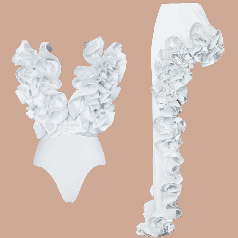 Maillot de bain en dentelle pour femme avec jupe irrégulière et col en V_voghion.com