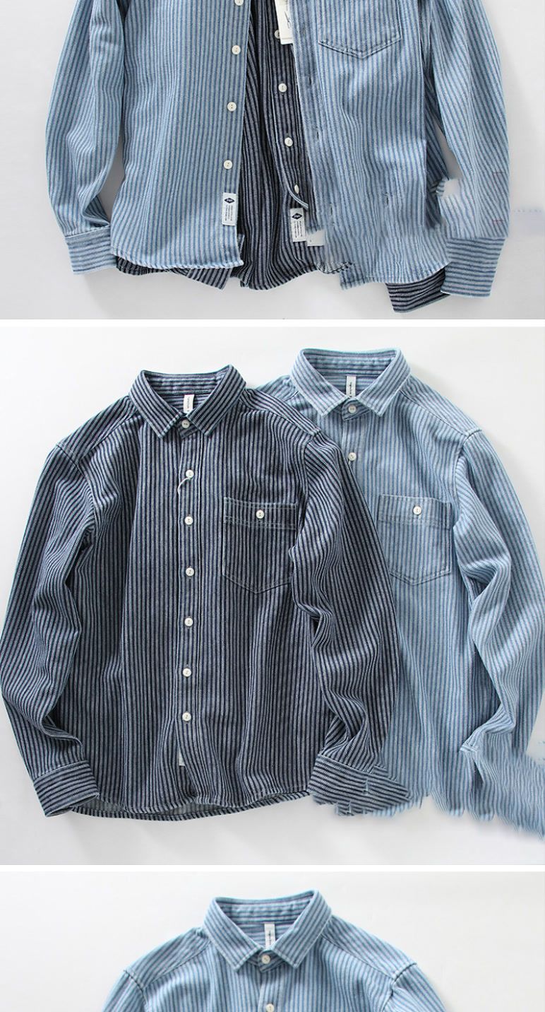 Herrenbekleidung Gestreiftes Hemd Retro Schwere Lose Lässige Langarm Arbeitshemdjacke_voghion.com