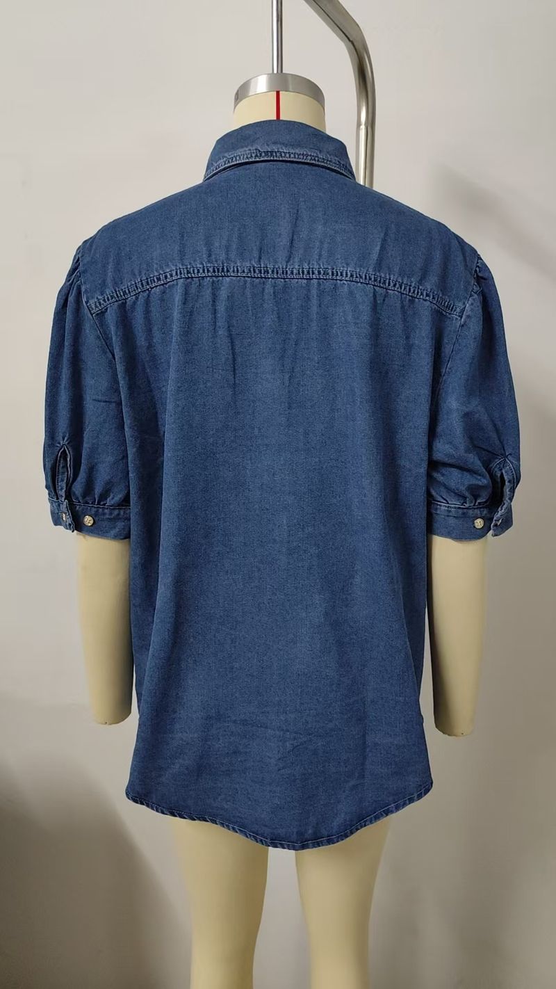 Nueva y versátil camisa vaquera fina con cuello vuelto y mangas princesa, top informal de moda para mujer_voghion.com