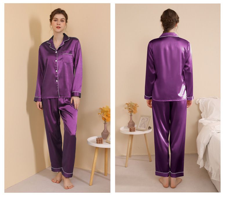 Damen-Nachtwäsche, große Größe, Basic-Pyjama, Damen, Frühling und Sommer, langärmelige Hose, dünne Seide, Freizeit, Zuhause, zweiteiliges Set_voghion.com