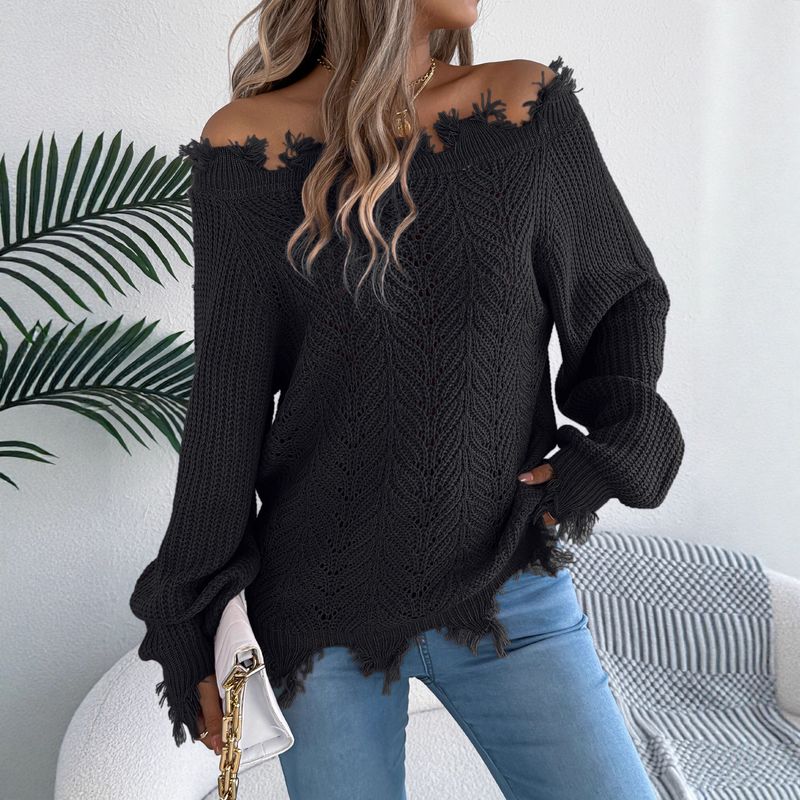 Solid Color Hollow Long-sleeved Cut Off-the-shoulder Pullover Sweater, Women's Clothing_voghion.com