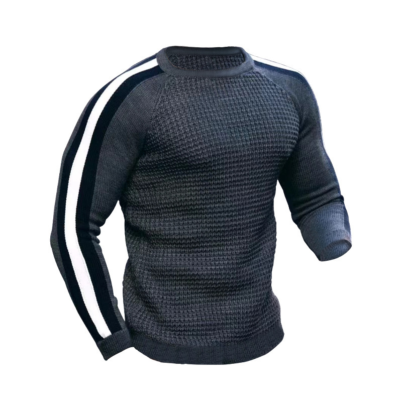 Menswear Autumn And Winter Waffle Long Sleeve Crew Neck Shirt Men's Contrast Color Slim Fit Bottom Sports Casual Sweater Men_voghion.com