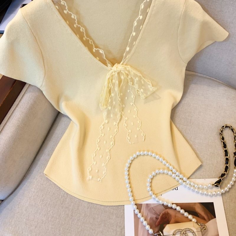 Maglietta a maniche corte in maglia con scollo a V, da donna, Real Shot_voghion.com