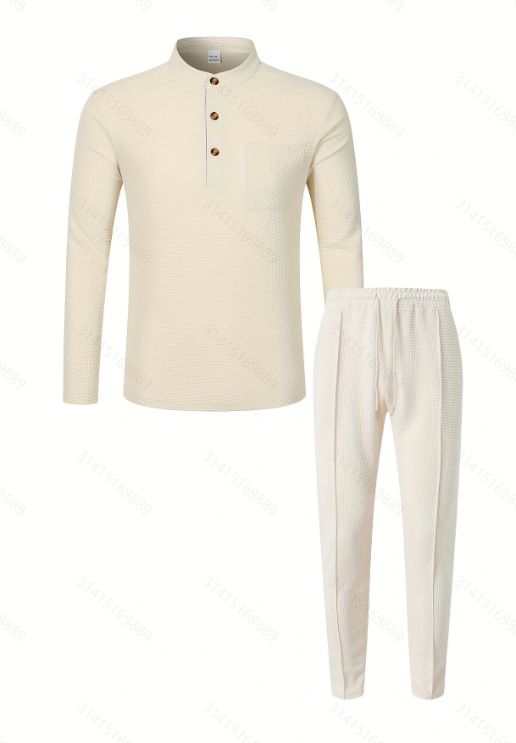 Herren-Set aus Waffelstrick-Poloshirt und -Hose – einfarbiges, lässiges Outfit mit Stehkragen und langen Ärmeln | leichter Komfort für den Alltag_voghion.com