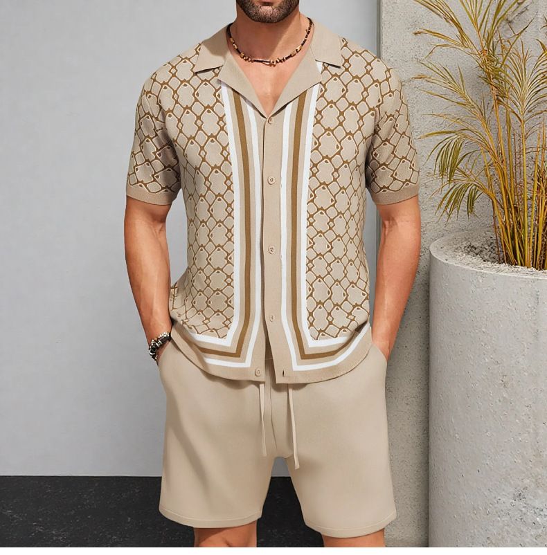 Completo da uomo in maglia Jacquard con colletto cubano e maniche corte, SY0196_voghion.com