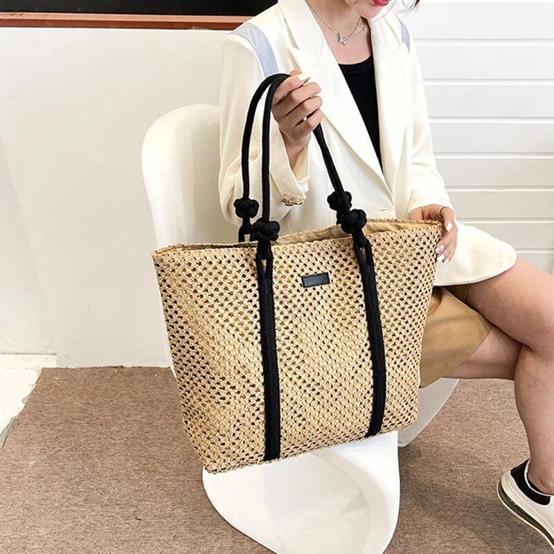 Borse da spiaggia in paglia intrecciata casual estive di grande capacità Borsa a tracolla da donna fatta a mano Borse da viaggio da donna Shopper in rattan_voghion.com