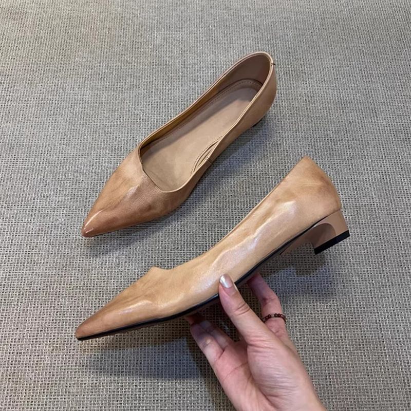 Sheepskin Version ~ Artistic Style Slip-On Lazy Genuine Leather Women's Shallow Mouth Pointed Toe Elegant Chunky Heel_voghion.com