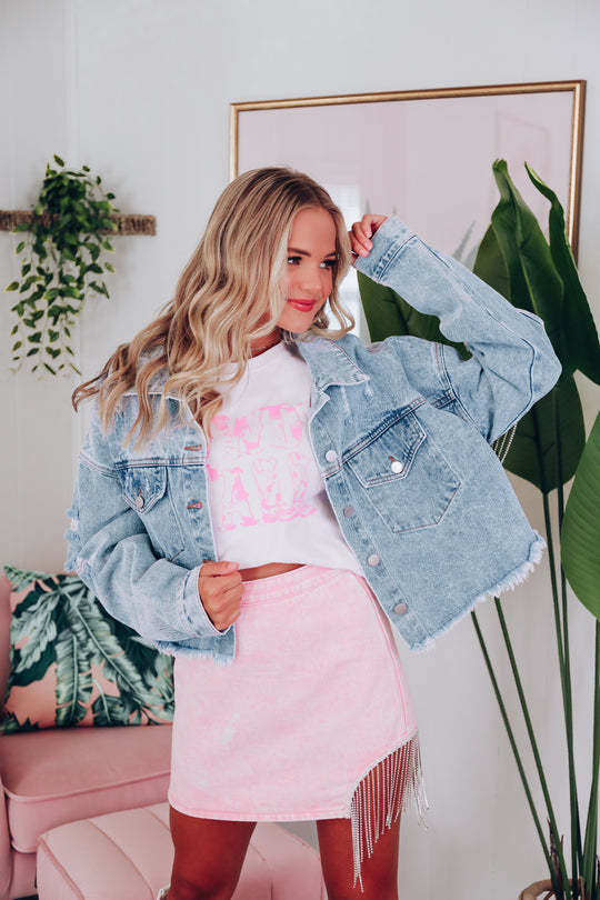 Veste en jean à bords bruts et à pampilles pour femme_voghion.com