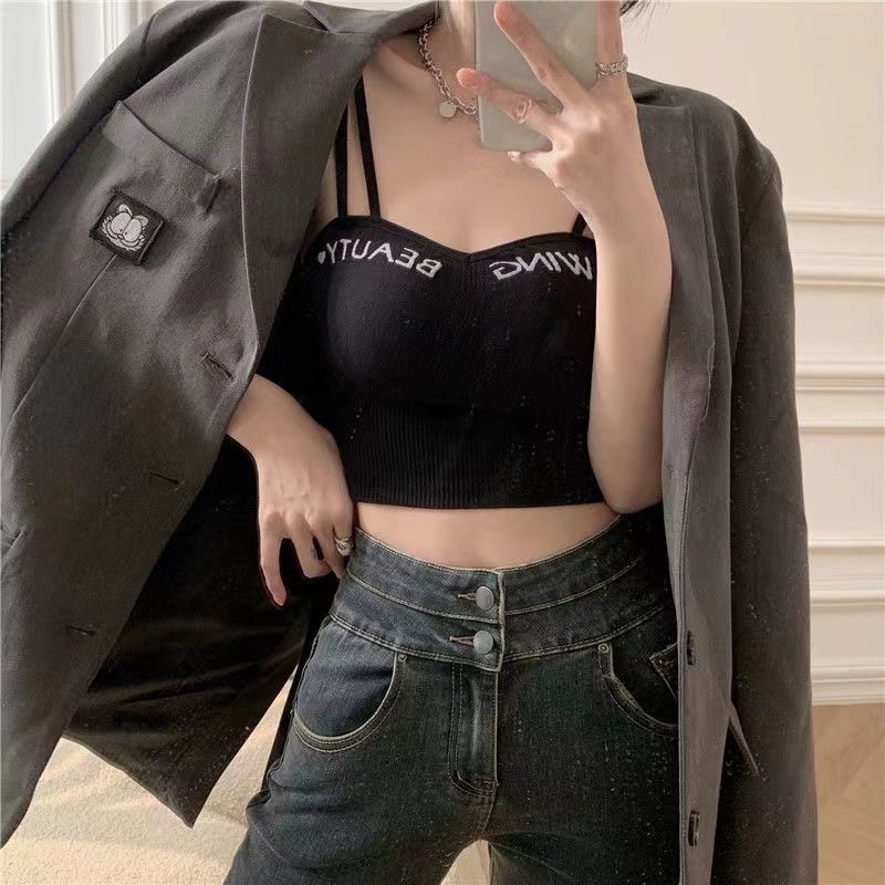 Women's Intimates Double Shoulder Camisole Vest Underwear Without Steel Ring Bottoming Letter Back Breathable Outer Wear Adjustable Gathered Tube Top_voghion.com