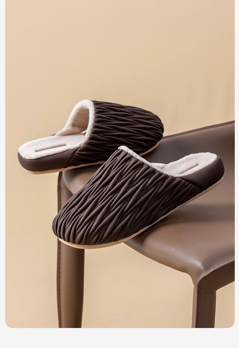 Wrinkled Cotton Slippers For Women, Autumn And Winter, Indoor Home, Anti Slip, Waterproof, Warm, Home With Velvet Leather Slippers For Men_voghion.com