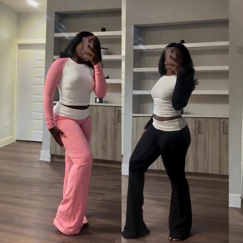 Y6058 New Women's Clothing Color-Block Tight High-Waist Folded Slim Fit Fleece-Lined Sports Yoga Pants Set_voghion.com