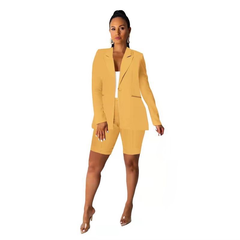 Blazer a maniche lunghe in tinta unita, stile semplice, pantaloncini casual alla moda, primavera e autunno 2023 da donna_voghion.com