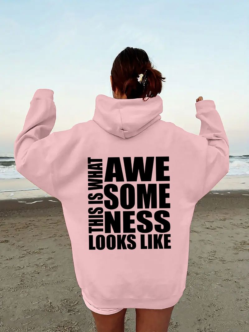 Damen-Fleece-Sweatshirt mit überschnittenen Schultern im Y2K-Stil, einfarbiger Buchstabenprint, Kängurutasche und Kordelzug, Kapuzenjacke_voghion.com