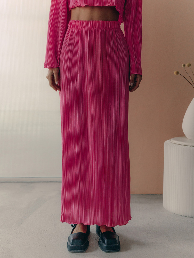 Pleated Women's Suit Bell Sleeve Cropped Top Midi Skirt Suit_voghion.com