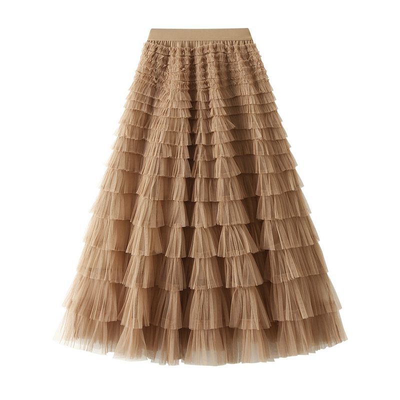 Gonna midi in tulle a strati: strati voluminosi e drappeggio etereo per una femminilità senza tempo. Gonna lunga da celebrità in stile primavera e autunno. Gonna a torta sottile._voghion.com
