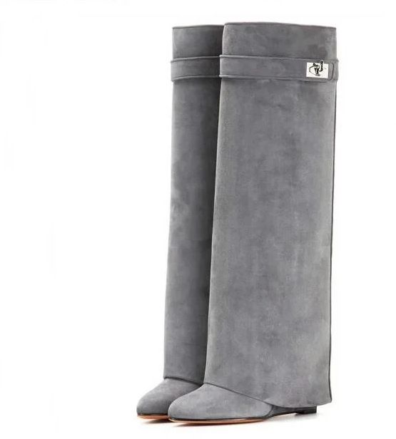 2024 New Round Toe Wide Shaft Straight Shark Buckle Mid-Calf Wedge Heel Boots For Women_voghion.com