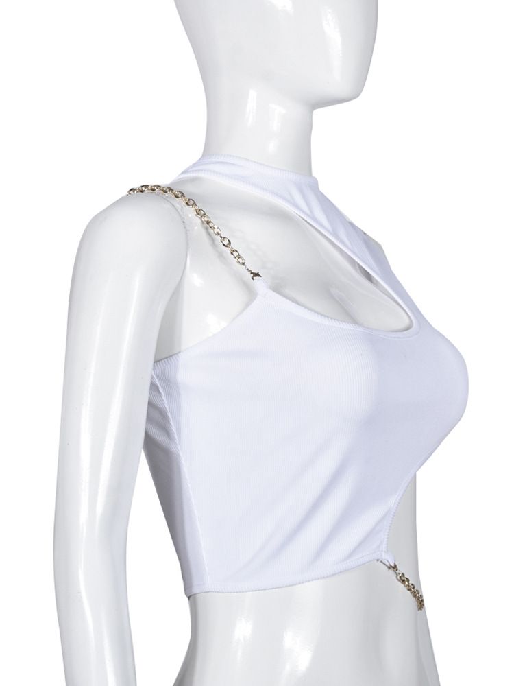 2023 Women's New Solid Color Sexy Hollow Metal Chain One Shoulder Open Navel Top 9243TD_voghion.com