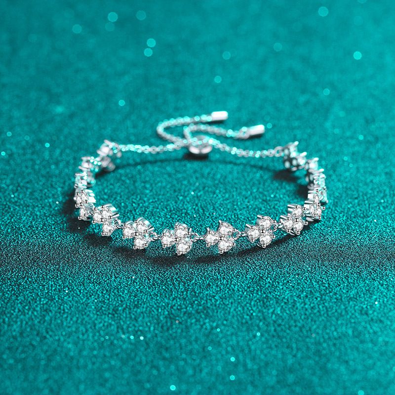 Bracciale da donna in argento puro con pietra Mosang Lucky Clover, regolabile, con meccanismo push-pull, placcato in oro Pt950._voghion.com