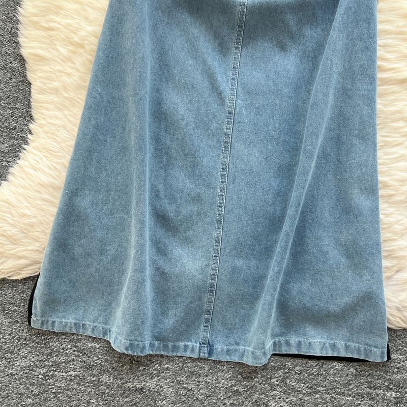 Damkläder Retro Lapel Ärmlös denimklänning sommar oregelbunden skarvning Royal Sister Light Lyxig medellång kjol_voghion.com