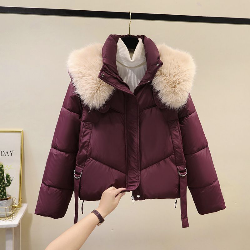 Kurze Pufferjacke für Damen im Winter mit abnehmbarem Kunstpelzkragen, lockere Passform, warme, gemütliche Oberbekleidung in Schwarz/Braun/Creme/Wein_voghion.com