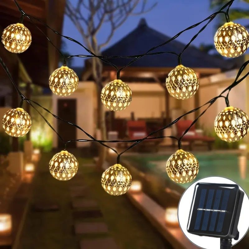 Outdoor Solar Moroccan Ball String Light-50/30/20 LED Fairy Light, 8 Modes, For Garden Fence Christmas Party Holiday Lighting_voghion.com