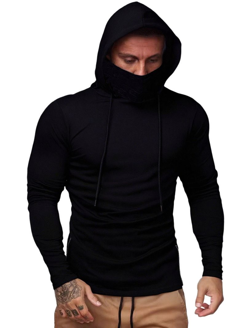 Performance-Rollkragenpullover mit Kapuze für Herren – Slim Fit, langärmliges Baselayer mit Gesichtsmaske, unverzichtbar für Fitnessstudio und Streetwear (Grau/Schwarz)_voghion.com