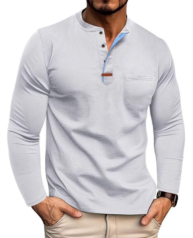 Maglietta Henley a maniche lunghe da uomo - Misto cotone traspirante, t-shirt casual con scollo rotondo e design a blocchi di colore per l'uso quotidiano_voghion.com