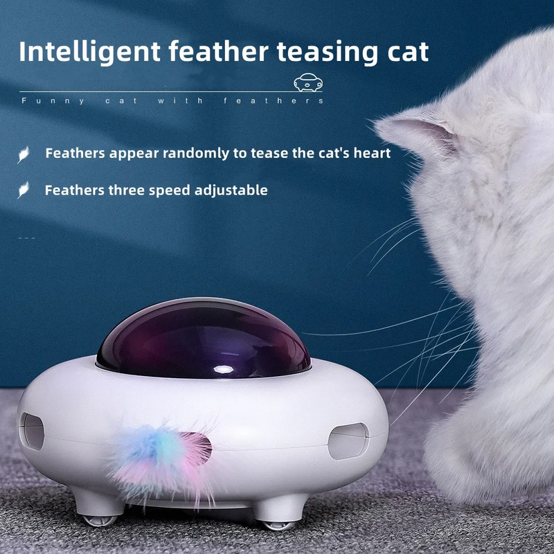 Cat Toy Smart Teaser UFO Pet Turntable Catching Training Toys USB Charging Cat Teaser Replaceable Feather Interactive Auto_voghion.com