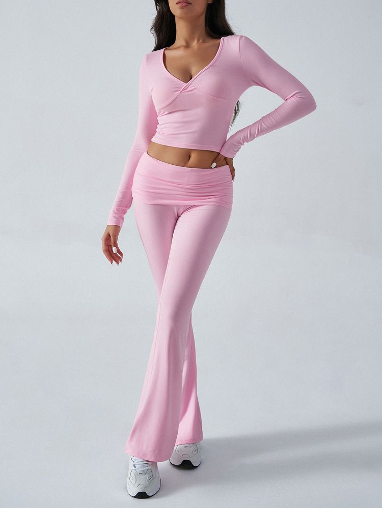 KaiKuo 2024 Automne Hiver Femmes Y2K Décontracté Sport Style Couleur Unie Haut Pantalon Évasé Ensemble 2 Pièces_voghion.com