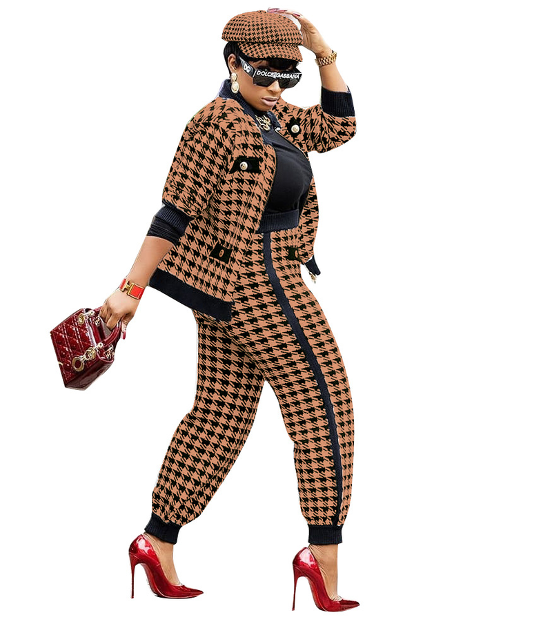 Traje casual de moda para mujer, abrigo con botones y pantalones con estampado de mil pájaros, conjunto de dos piezas_voghion.com