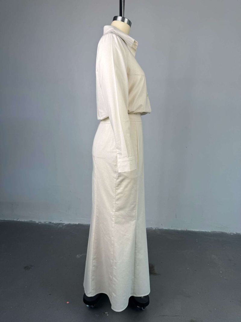 K Nuovo elegante set di due pezzi con camicia a maniche lunghe con colletto e gonna snellente a vita alta_voghion.com