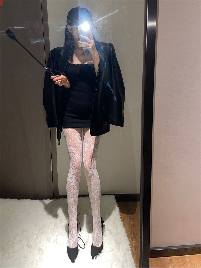 Spitzenstrumpfhose mit Hohlsaum, schöne Blumenranken-Netzstrümpfe, schwarze Strümpfe, elastisch, dünn, JK Pure Desire, lange Beine_voghion.com