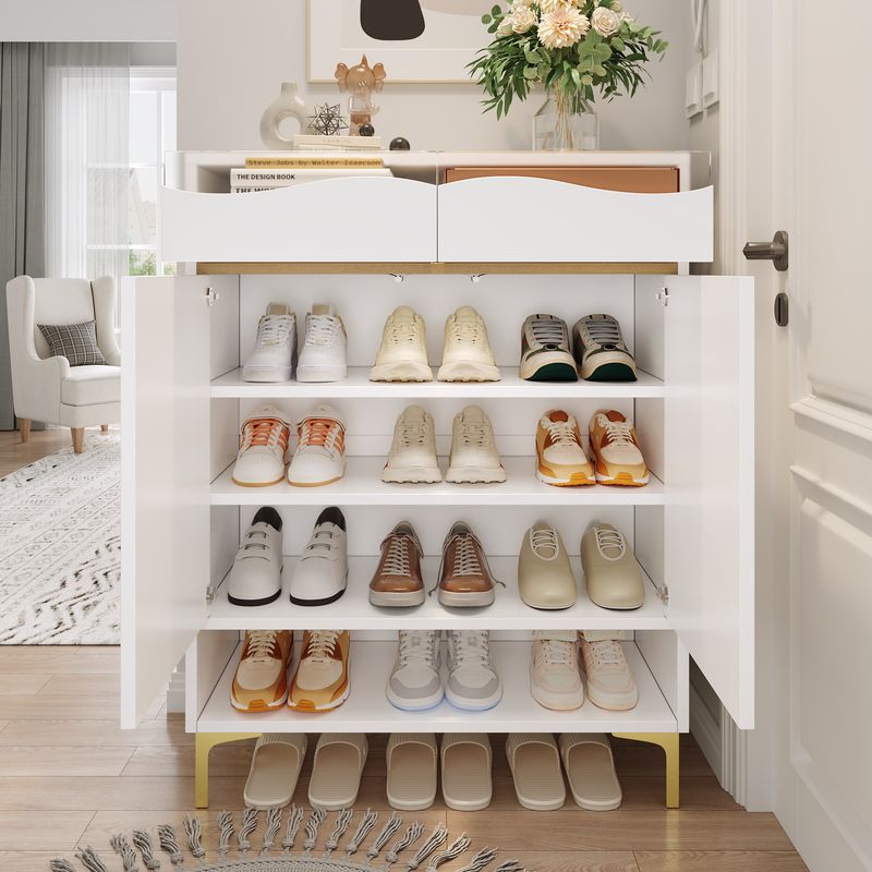 Meuble à chaussures blanc moderne avec éclairage LED 16 couleurs – Rangement gain de place pour couloir 80 x 35 x 105 cm avec tiroirs et étagères – Pour entrée, salon, couloir_voghion.com