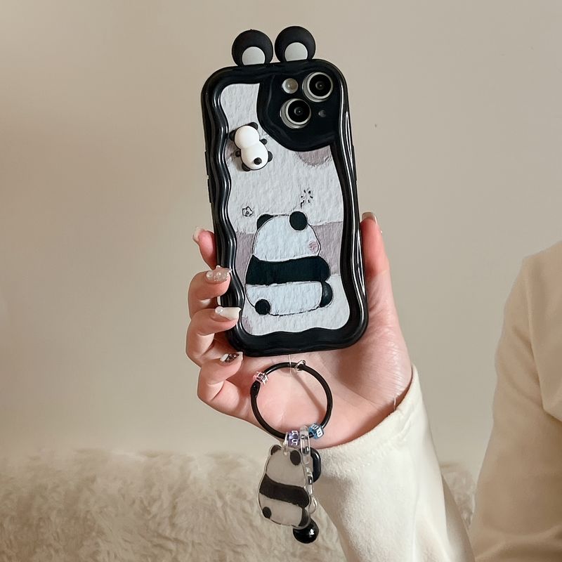 3D Cartoon Panda Case with Lanyard, TPU Protective Cover for 7-15 Pro Max, Cute Summer Trendy Shockproof Basic Case with Panda Charm Accessory_voghion.com