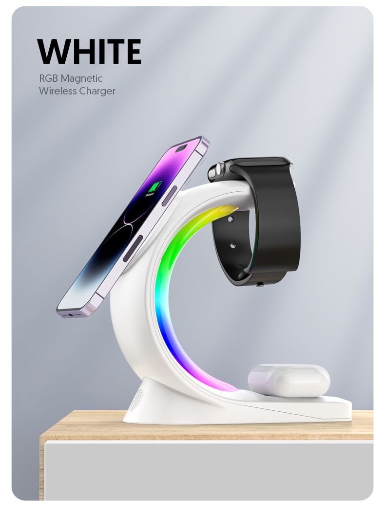 3 an 1 Magnéitescht Kabellos Ladegerät Schnellladung Fir Smartphone Atmosphär Liicht Ladegerät Fir Airpods Pro iPhone Auer_voghion.com
