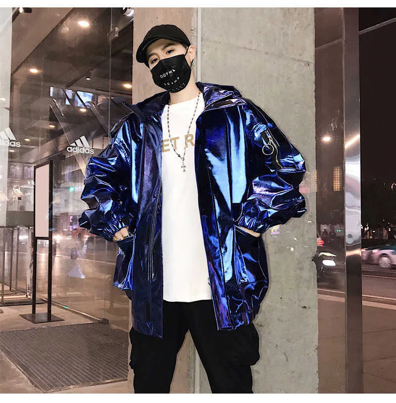 Giacca da uomo in ecopelle riflettente lucida primavera autunno Mauroicardi con cerniera, giacca a vento di design cool, abiti hip-hop_voghion.com