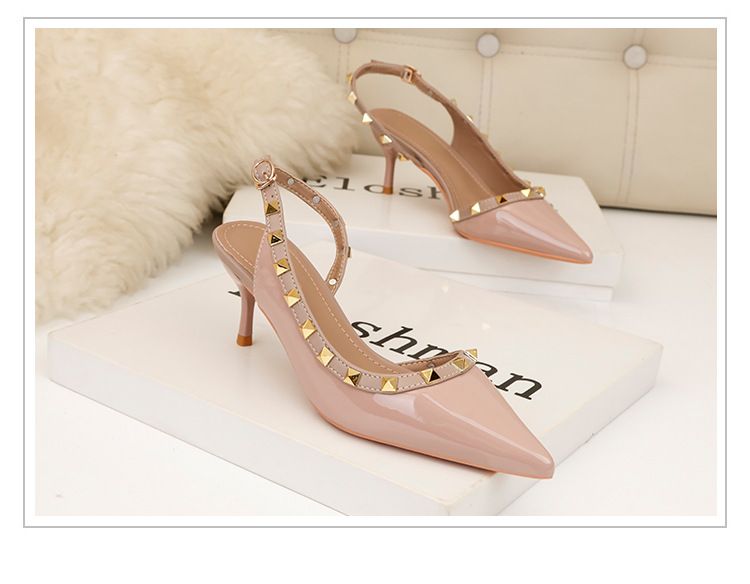 Women's simple fashion sexy nightclub stiletto high heel shallow mouth pointed rivet hollow women's sandals_voghion.com