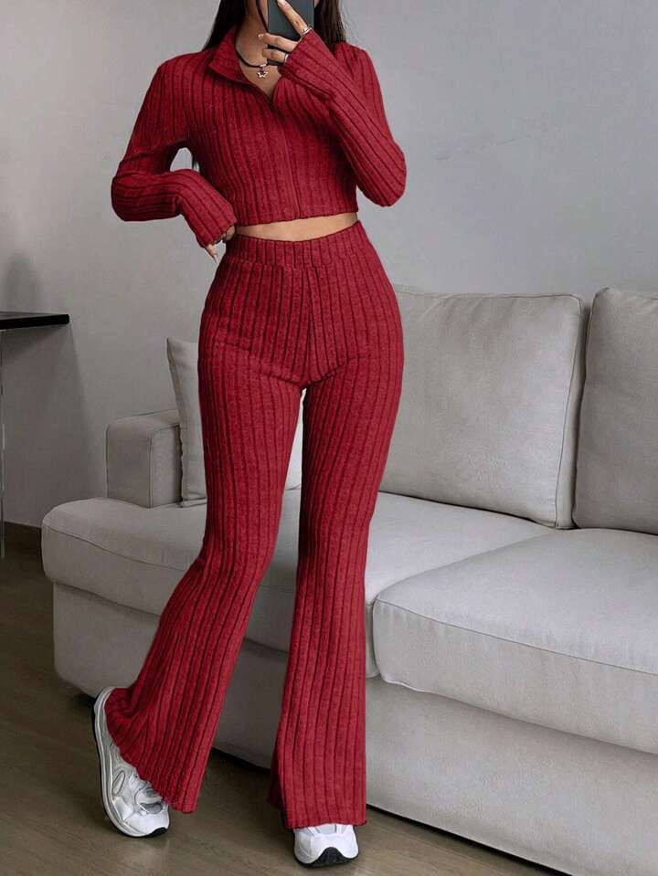 Fashion Solid Color Ribbed Two Piece Set Zipper Long Sleeve Crop Top And High Waist Flared Pants Set Women's Casual_voghion.com