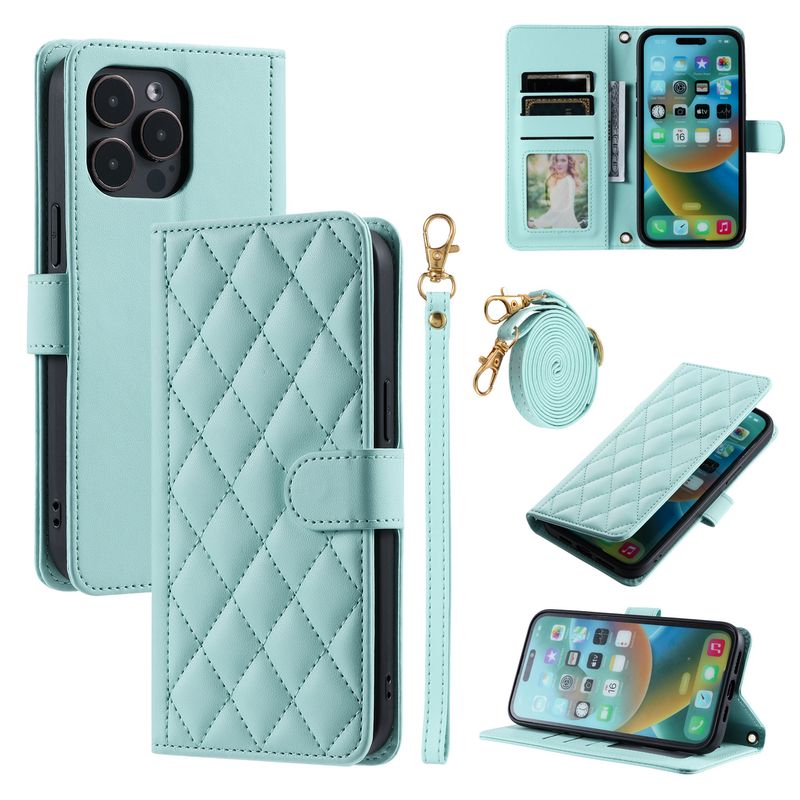 Funda con tapa para iPhone 16 Pro Max con diseño de pata de gallo y ranura para tarjetas, compatible con iPhone 15 y correa cruzada._voghion.com