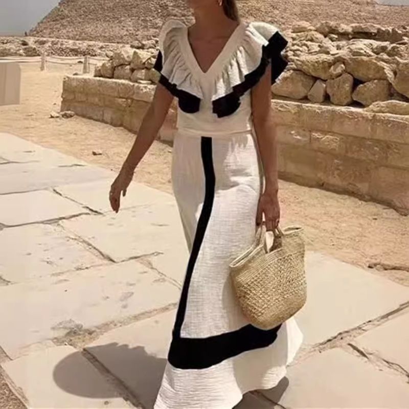 UC&ZA Style Dames Zomer Kleurblok V-hals Ruffle Trim Slim Top en Rok Set_voghion.com