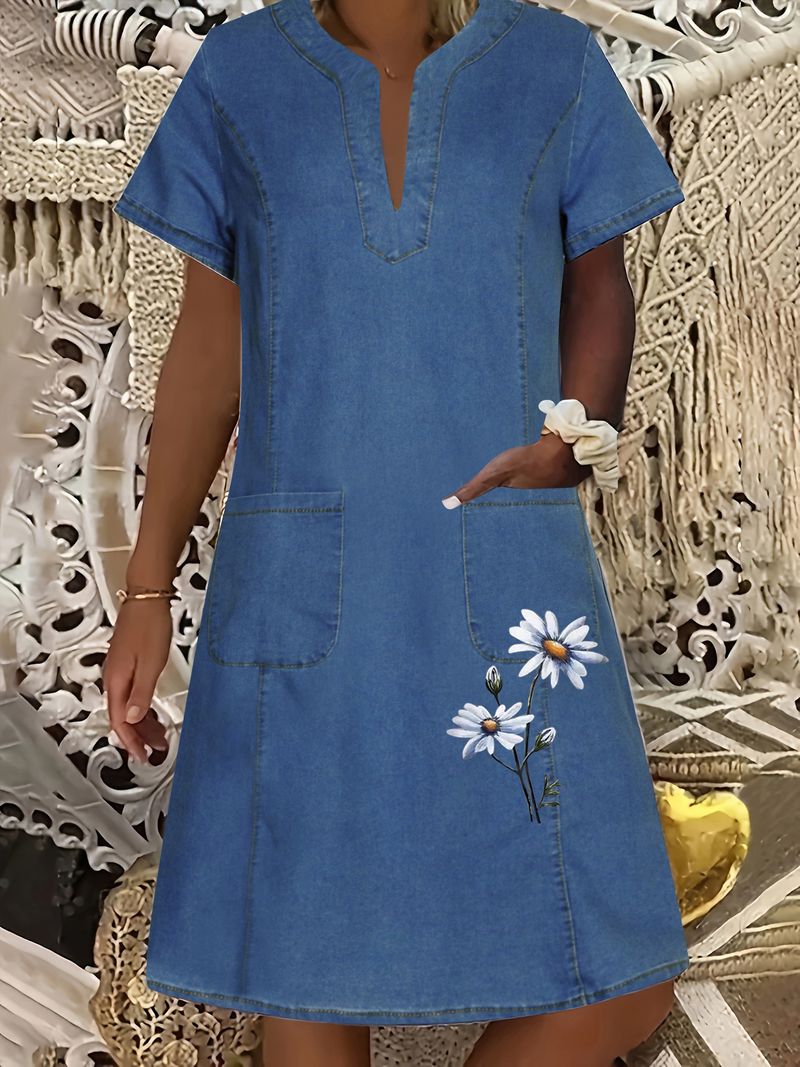 Abito in denim da donna, blu scuro, sottile, con scollo a V, lunghezza media_voghion.com