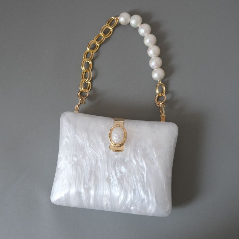 Spring Summer White Metal Mixed Pearl Single Shoulder Women's Bag Acrylic Short Chain_voghion.com