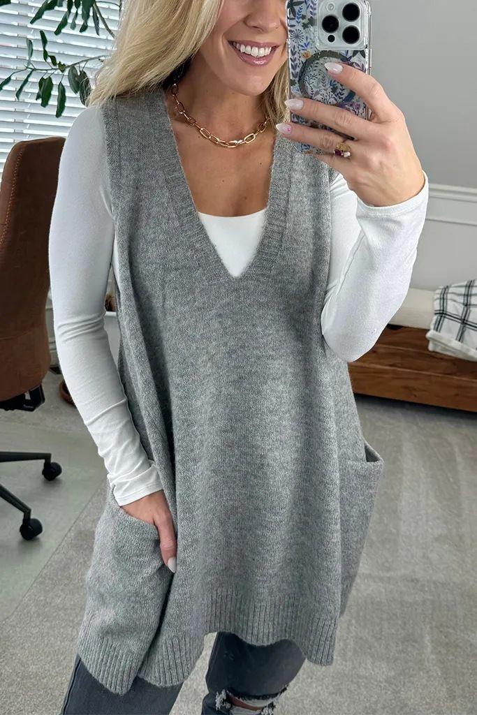 K Einfarbige Strickweste mit V-Ausschnitt und Tasche, ärmelloser Pullover_voghion.com