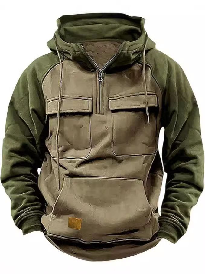 Herrenbekleidung Halbreißverschluss Multi-Taschen-Arbeitskleidung Herren Halbreißverschluss Multi-Taschen-Arbeitskleidungsjacke Retro-Farbblock-Stehkragen-Kapuzenpullover Herbst-Freizeitmantel_voghion.com