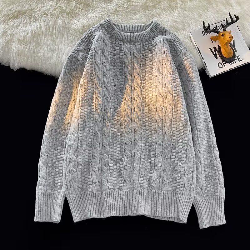 Men's Cable Knit Sweater – Oversized Streetwear With Crew Neck, Retro Textured Design & Drop Shoulder For Winter_voghion.com