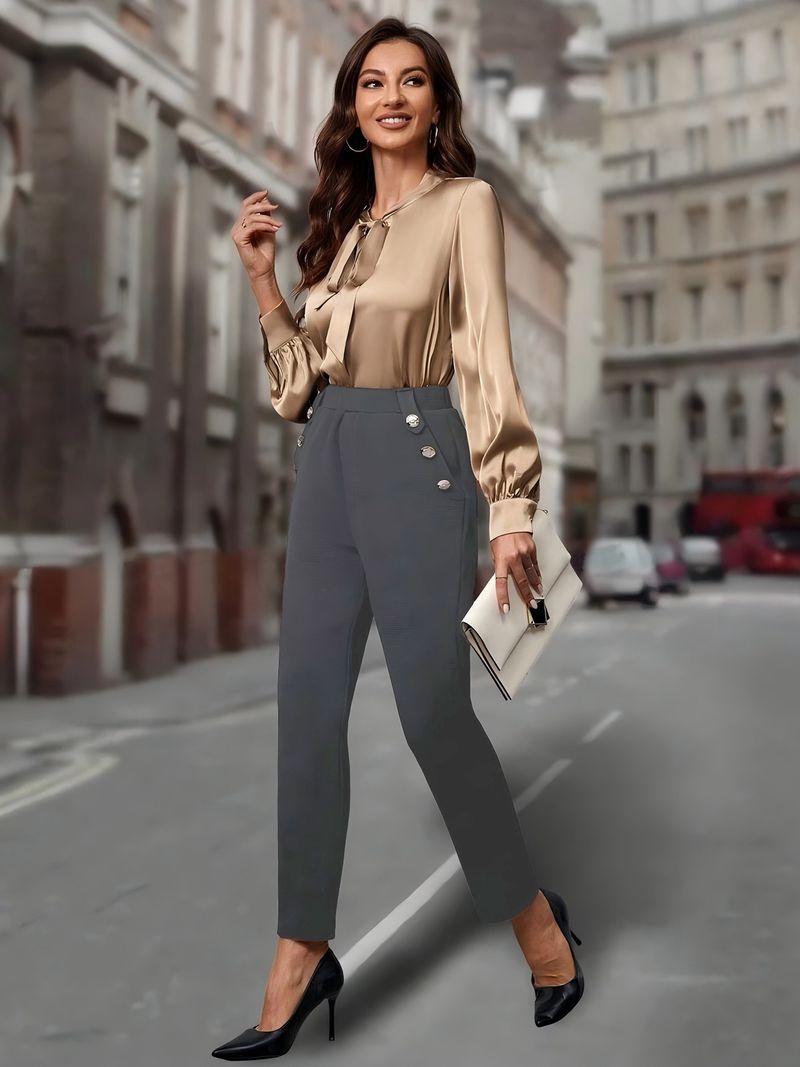 "Tailored Stretch Trousers With Button Accents – Slim-Fit Work Pants With Slant Pockets (Black/Navy/Khaki, S-XXL, Euro-US Office Chic)"_voghion.com